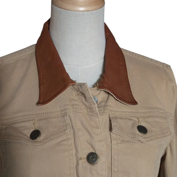 Ralph Lauren Jeans Co. Tan Jean Jacket with Brown Leather Collar - Picture 2 of 6